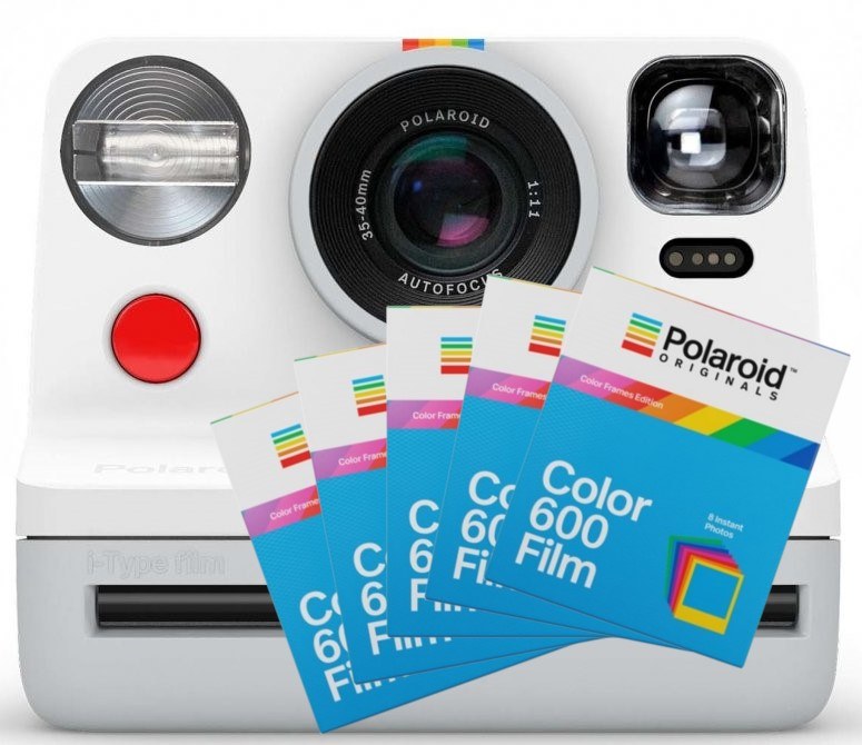 Polaroid Now camera white + 600 Color Frames 8x 5 pack