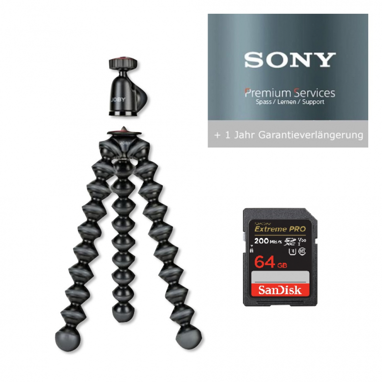 Sony Value-added package (tripod, 64GB memory card, extended warranty).