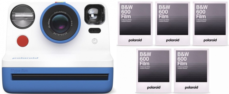 Polaroid Appareil photo Now bleu + 600 films B&W 8x Pack de 5