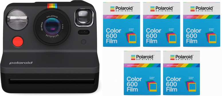 Polaroid Now camera black + 600 Color Frames 8x 5 pack