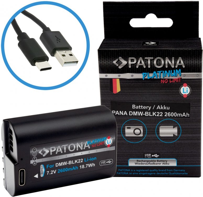 Caractéristiques techniques  Batterie PATONA Platinum Panasonic DMW-BLK22 avec entrée USB-C