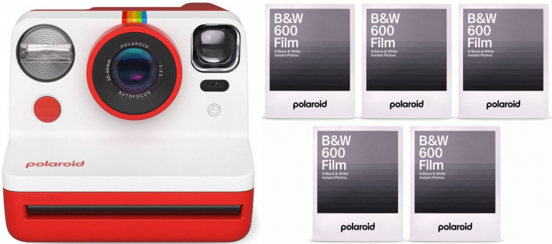 Polaroid Now camera red + 600 B&W film 8x 5 pack