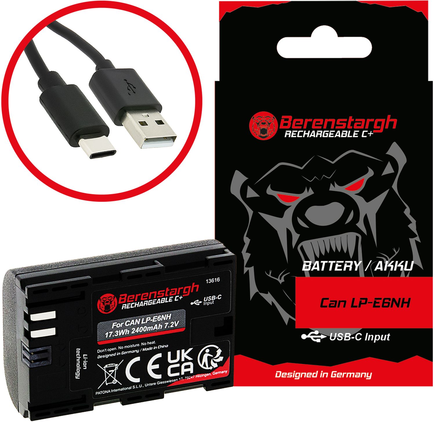 Berenstargh Batterie Canon LP-E6NH 2400mAh Entrée USB-C