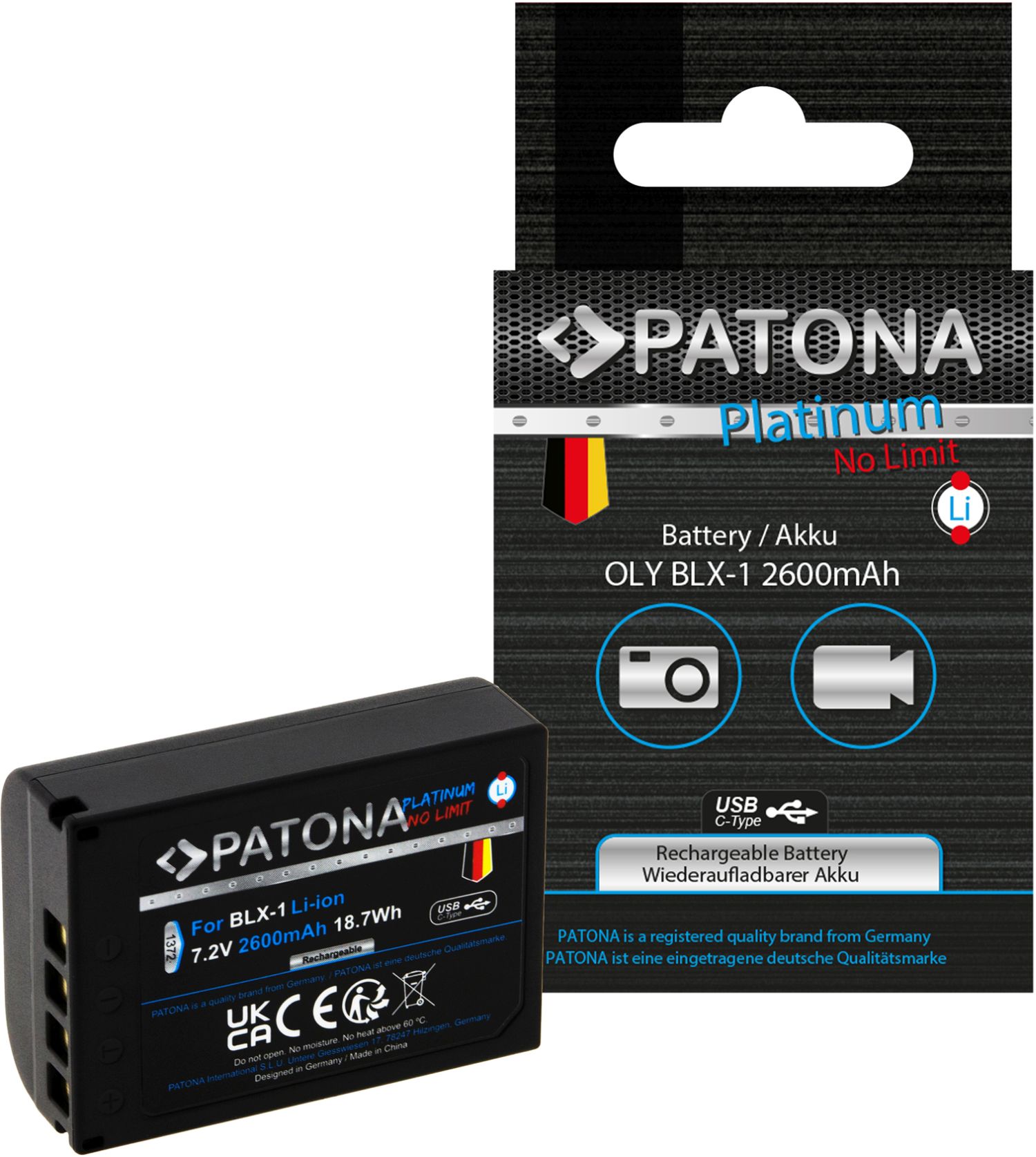 PATONA Platinum battery with USB-C input Olympus BLX-1