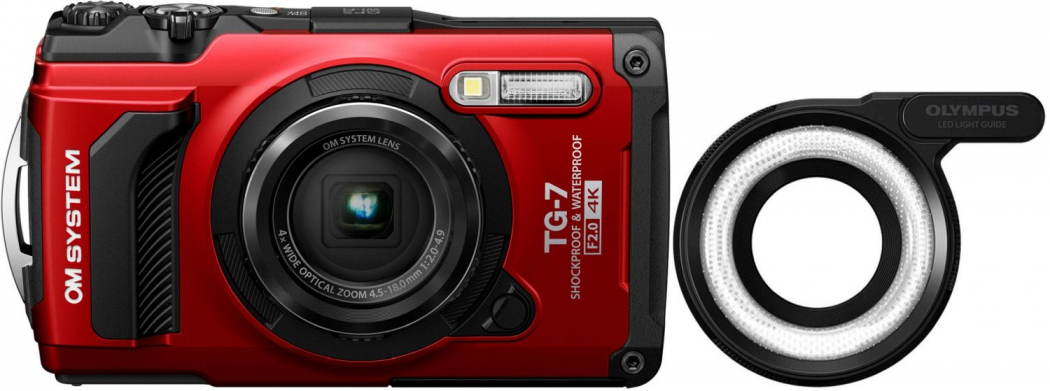 OM System Tough TG-7 rot + LG-1 LED Aufsatz - Unterwasser-Kameras - fotogena | Kompaktkameras