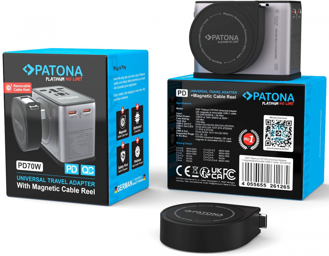 PATONA Platinum PD70W Universal Travel Adapter mit Magentischem Kabel