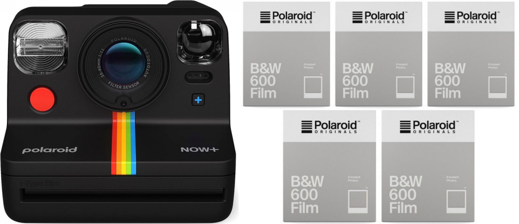 Polaroid Appareil photo Now+ noir + 600 films B&W 8x Pack de 5 Appareils photo