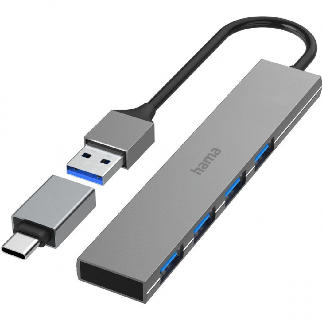 Hama USB-Hub 200141 4 Ports 3.2 Gen1, 5 Gb/s + USB-C-Adapter grau