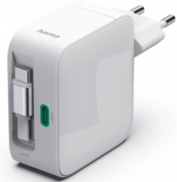 Hama 201957 Schnellladegerät GaN 65W ausziehbares Ladekabel Weiß