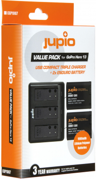 Jupio Value Pack: 2x Enduro HERO13 + USB Triple Charger - 6068250 Jupio Value Pack: 2x Enduro HERO13 + USB Triple Charger