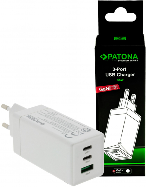 PATONA Premium GaN PD65W Adaptateur 2xUSB-C 1x-A blanc